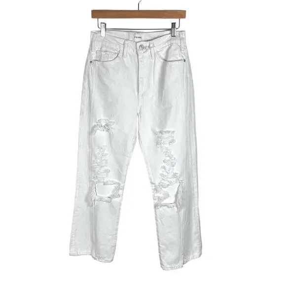Frame Le Jane Crop Distressed Straight-Leg Jean 27 White Rumpled Blanc Destruct - Picture 4 of 15